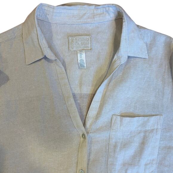 SIGRID OLSEN Women's 100% Linen Shirt MEDIUM Button Down Tan Roll Tab - Picture 9 of 9